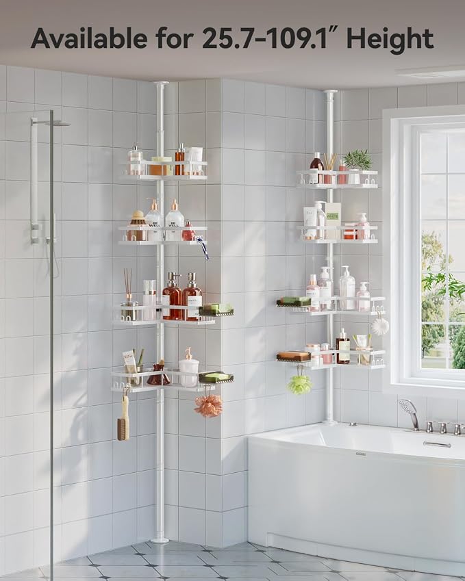 Corner Shower Caddy Tension Pole, 25.7-109.1in Adjustable Shower Shelves, Rust-Resistant Shower Organizer, No-Drill 3-Step Installation, Bathroom Shelves for Renters & Family, White