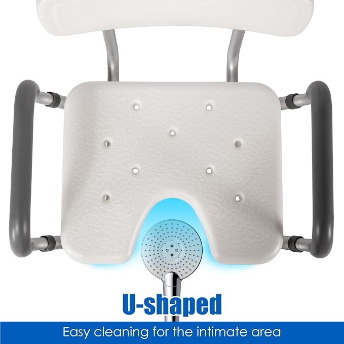 Shower Chair with Arms and Back, 330lbs Heavy Duty Bath Seat with U-Shaped Cutout, 21" Extra Wide Adjustable Shower Stool with 2 EVA Pads and Shower Head Holder, Tool-Free Assembly