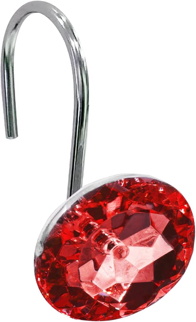 Crystal Diamond Round Shower Curtain Hooks Rings for Bathroom,Red,12PCS | Acrylic Decorative Rhinestones Bling Shower Hooks Rings,for Bathroom Curtains Rod,Gem Metal Rust Proof Shower Hangers
