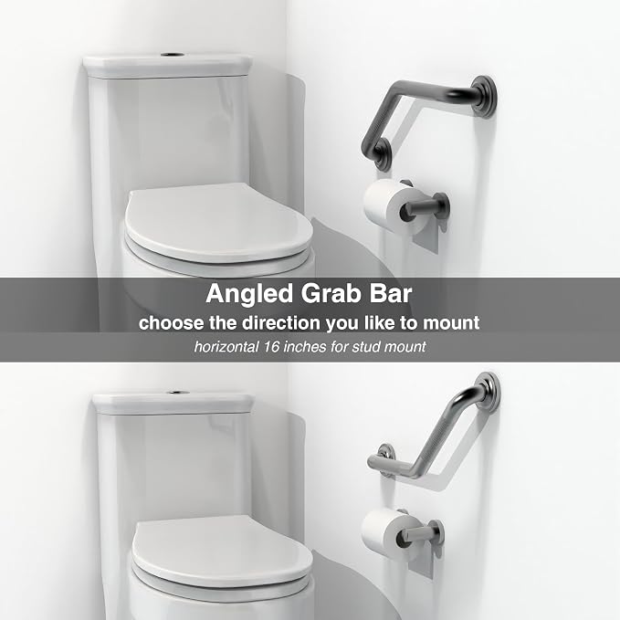 1-1/4 x 16inch Angled Grab Bar for Stud Mount with Knurled Grip, Bathroom Mobility Aid, ADA Compliant Heavy Duty 500lbs Support, Rustproof Stainless Steel (Brushed Nickel)