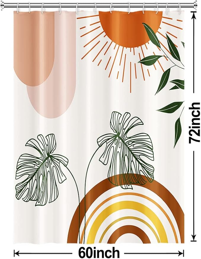Boho Orange Shower Curtain with Hooks for Bathroom 60x72 Inch | Waterproof Abstract Sunrise Shower Curtain Set, Green Leaves Soft Bathroom Decor, Machine Washable