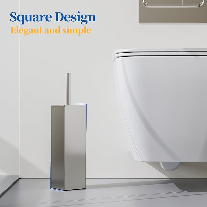 RUACQ Toilet Brush and Holder Set, Square, Brushed Nickel | SUS304 Stainless Steel Handle, Toilet Cleaner Brush with Durable Scrubbing Bristles, Splash-Proof