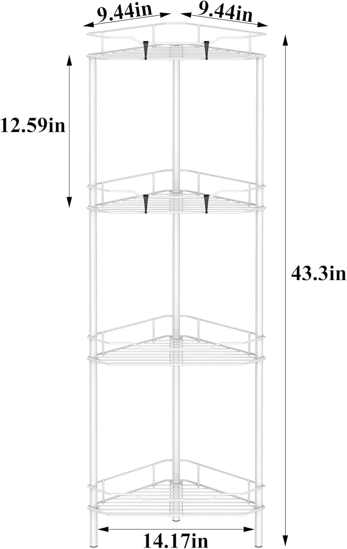 Metal Floor Standing Corner Shower Caddy, White, 4 Tier | Adhesive Bathroom Organizer Shelves, Free Standing Shower Rack with Hooks, Hold Large Shampoo Bottles