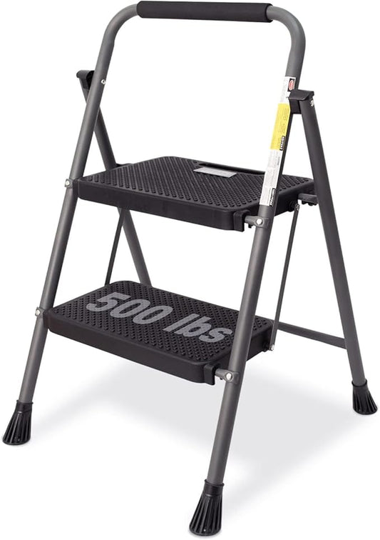 GOLYTON 2 Step Ladder,Step Stools for Adults, 500lbs Capacity | Step Stool Foldable, Steel Ladder for Household and Office, Grey