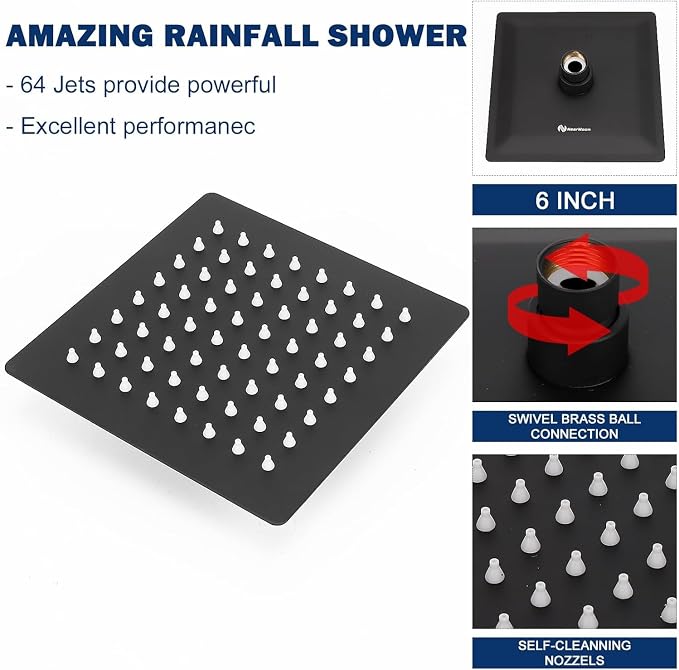 NearMoon Rain Shower Head, High Flow Stainless Steel Square Rainfall Shower, High Pressure Design, Awesome Shower Experience Even At Low Water Flow (6 Inch, Matte Black)