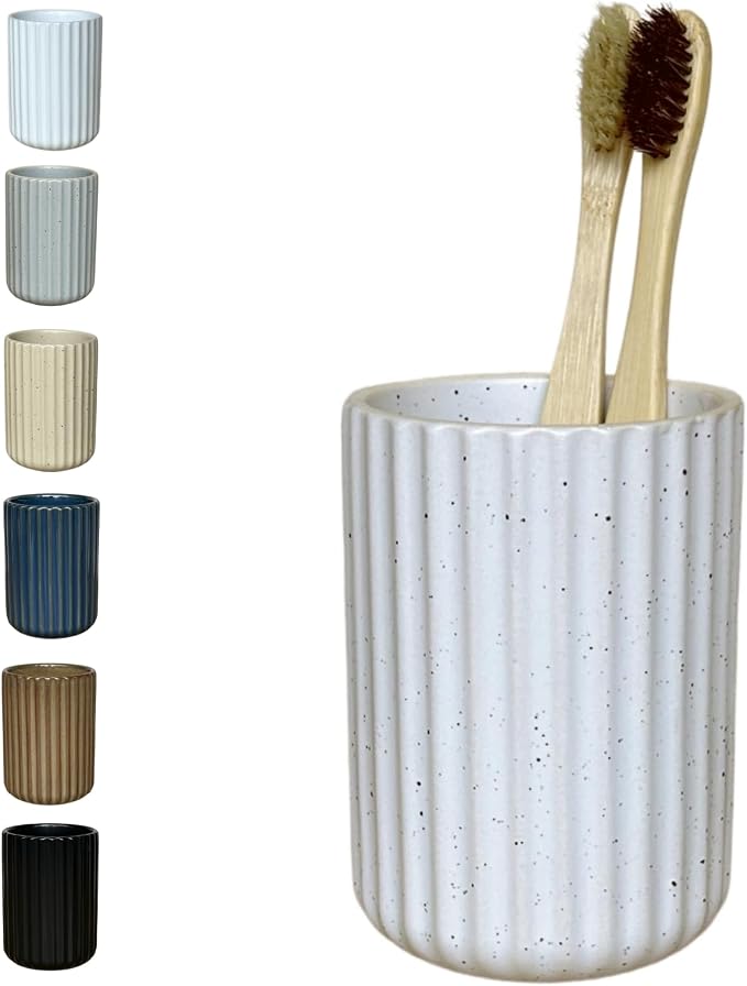 Stoneware Toothbrush Holder for Bathroom Tooth Brush Holder for Bathroom Toothbrush Cup Toothbrush Holders Cute Fluted Vertical Ribbed Stripe (Speckled White)