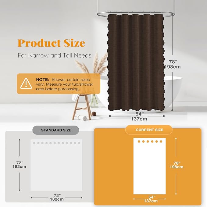 54x78 Boho Scalloped Linen Textured Cloth Shower Curtain Set, Brown | Narrow Long Size, 230GSM Waterproof Polyester, Heavy Duty Fabric, 10 Plastic Hooks, Elegant Farmhouse Style, Machine Washable