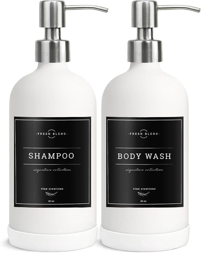 Vine Creations White Glass Soap Dispenser, 2 Pack Kitchen Soap Dispenser Set with Stainless Steel Pump, 16 oz Dish Soap and Hand Soap Dispensers for Bathroom with Waterproof Labels
