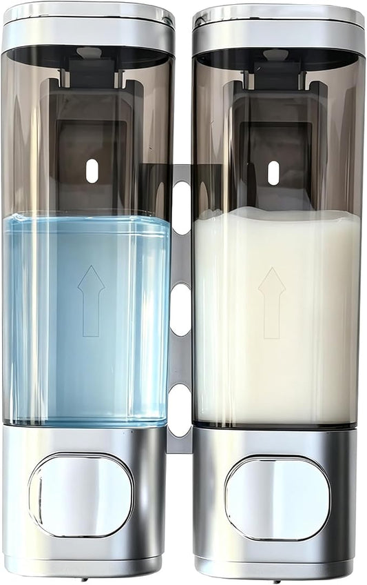 2-Chamber 10oz/300ML Silver Plastic Hand Wall Mounted Soap Dispensers | Refillable Shampoo Conditioner Shower Dispenser No Drill, Clear Manual Pump Dispenser for Bathroom Hotel Kitchen