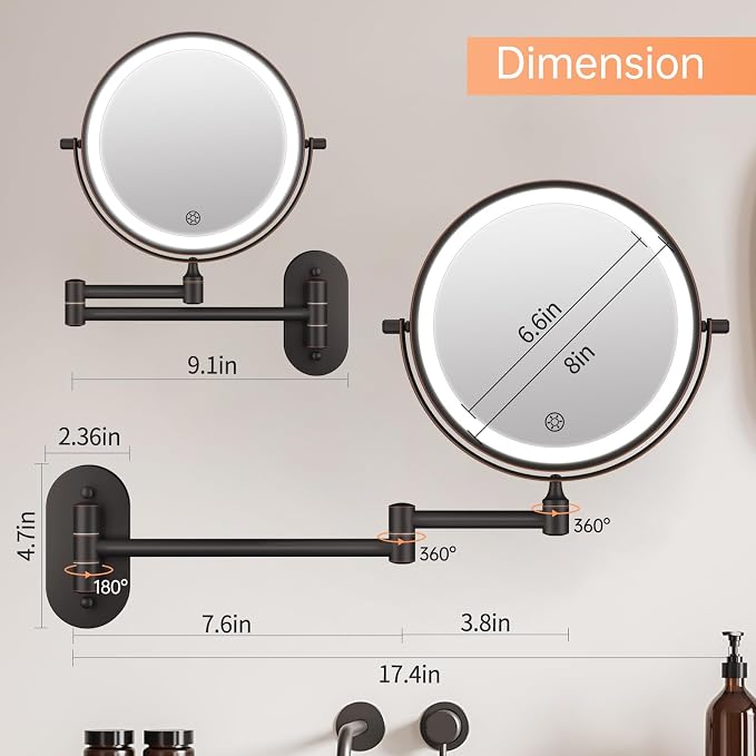 5000mAh Rechargeable Wall Mounted Lighted Makeup Mirror Double Sided 1X30X | Magnifying Bathroom Mirror, 3 Color Lighting, Touch Dimming, Extended Arm 360 Rotation Light up Mirror Antique Bronze