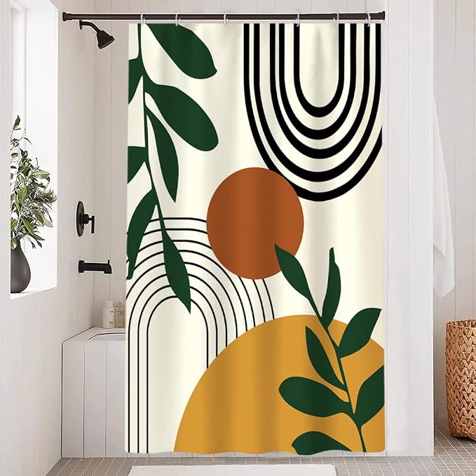 Boho Sun Stall Shower Curtain with Hooks 48x72 Inch | Waterproof Small Mid Century Green Leaves and Arch Bathroom Curtain for Shower Stall, Machine Washable
