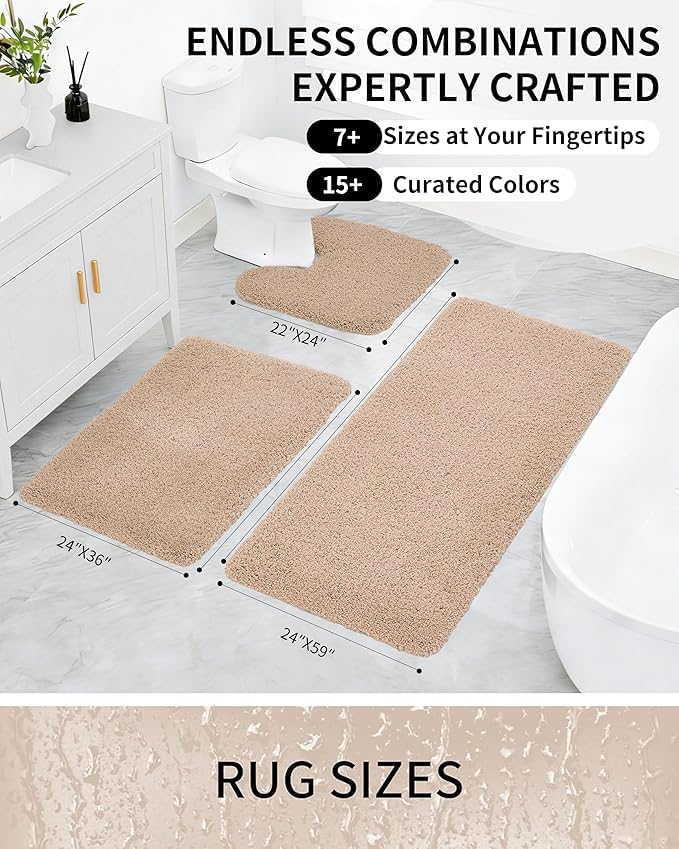 Bathroom Rugs Non Slip Washable, Ultra Thick Soft Microfiber Absorbent Bath Mats, High Density Foam Latex Non Slip Backing Bath Rugs, Fluffy Floor Carpet for Tub&Shower 24x17, Beige