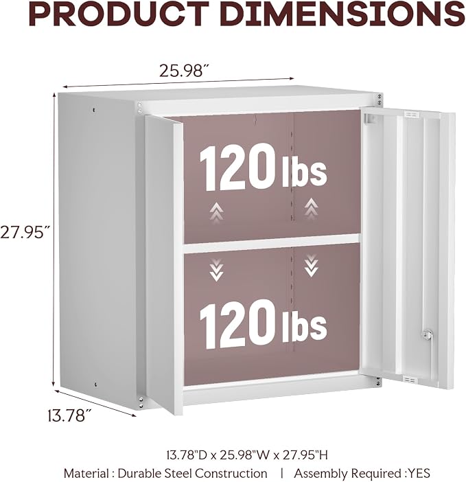 Metal Wall Cabinet, Steel Locking Cabinet for Office, Home Office Cabinets with Doors and Shelves, Garage Cabinets for Utility Room, Laundry Room