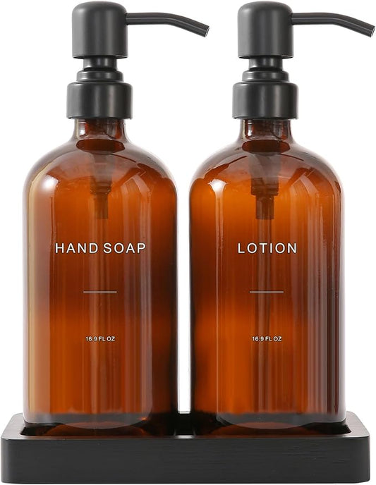 Prus Waso Amber Glass Soap Dispenser Set | Hand Soap and Lotion Set with Black Stainless Steel Pump, Perfect for Modern Bathroom Decor