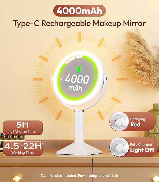 Lighted Makeup Mirror with Lights, Height Adjustable 30X Magnifying Vanity Mirror with 4000mAh Rechargeable Battery & 3 Colors Dimming Light for Desktop Bathroom Bedroom