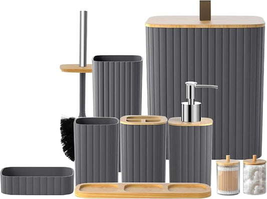 Bathroom Set - 9PCS Grey Bathroom Accessories Set Toilet Brush Holder Set Soap Dispenser Decorative Countertop Bathroom Accessory Set with Trash Can Bathroom Decor Set for Home, Restroom