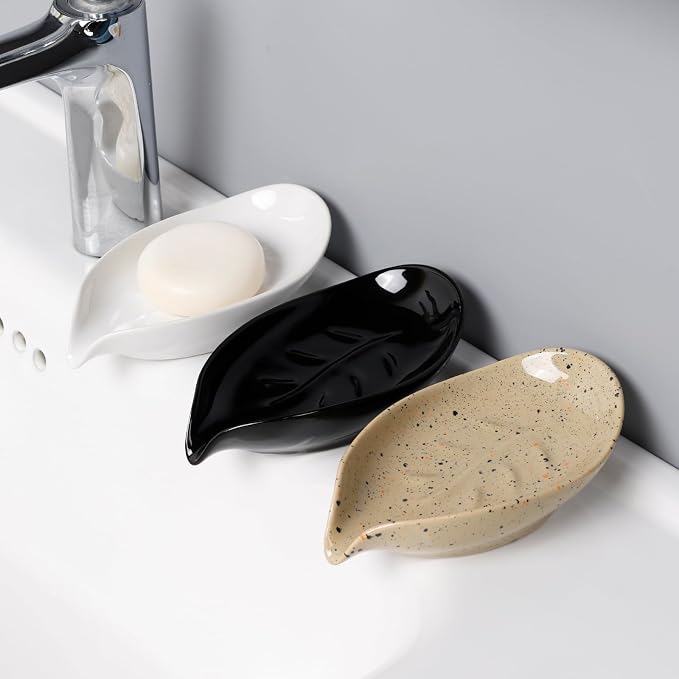 Soap Holder, Self-Draining Soap Dish, White Leaf Shape Ceramic Bar Soap Holder Drain Soap Dishes for Bathroom Sink Kitchen, Easy to Clean Keeps Soap Dry, ANTIS'S HOME