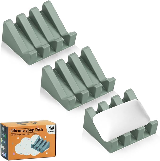 Self Draining Soap Dish Holder,Silicone Soap Dish,for Bathroom,Kitchen, Sponges，Can Extend Soap Life，Keep Soap Bars Dry and Easy Cleaning (Green,3-Pack)