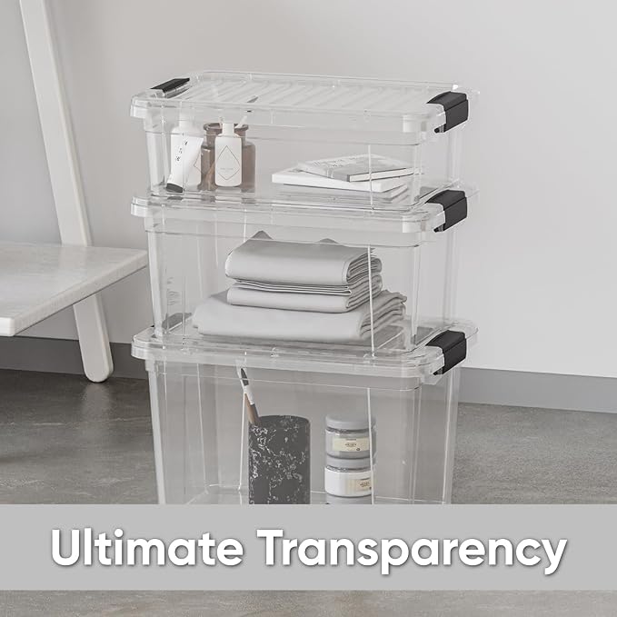 Superio Clear Storage Box with Lid, 26.5 Quart Plastic Container Bins for Organizing, Stackable Crates, BPA Free, Non Toxic, Odor Free, Organizers for Home, Office, School, and Dorm