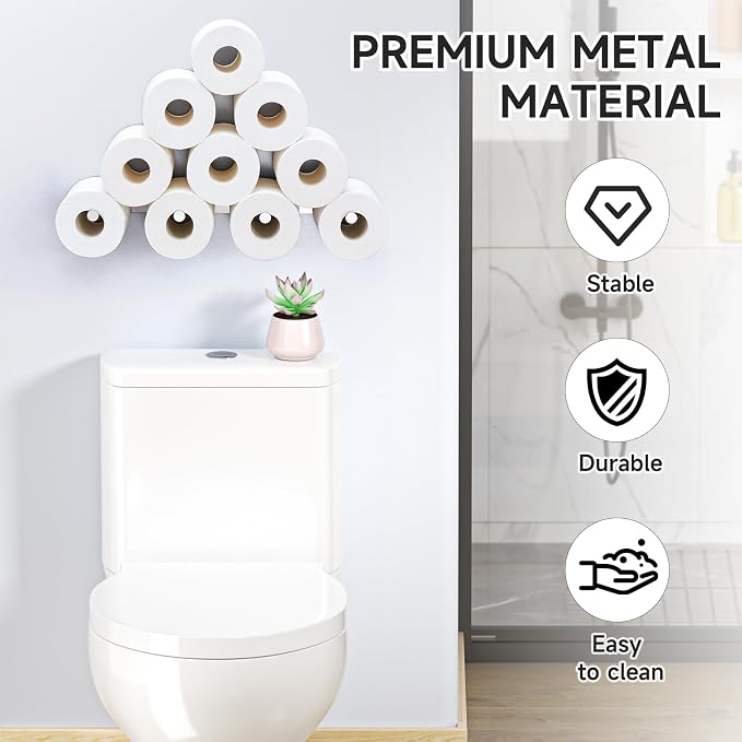 Toilet Paper Holder Wall Mount, Extra Toilet Paper Storage Metal, Modern Toilet Paper Organizer for 10 Rolls, Adhesive Toilet Paper Stand for Bathroom Kitchen Washroom (Sliver)