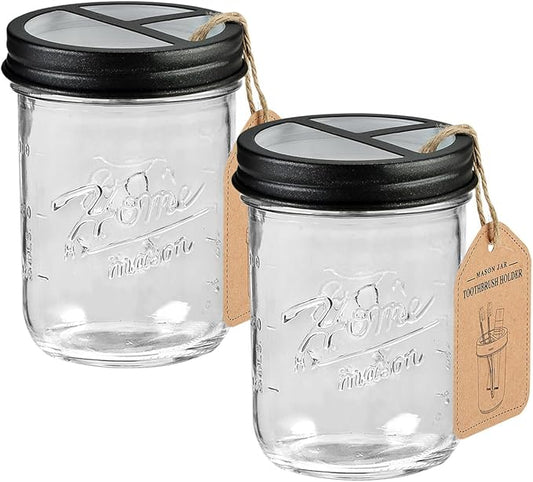 SheeChung Mason Jar Toothbrush Holder,Farmhouse Toothpaste Organizer,2 Pack | Black Glass Electric Tooth Brush Holder for Bathroom Countertop, Removable Stainless Steel Lid,3 Divider,Rustic Vintage Decor