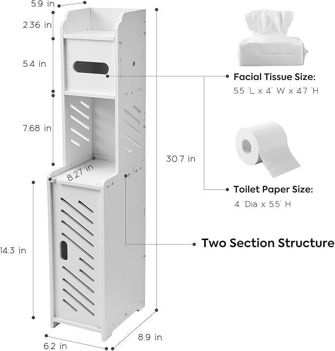 Toilet Paper Holder Stand, Slim Bathroom Storage Cabinet (White) | Narrow waterproof PVC skinny shelf stand and extra tissue paper roll holder. Smart space organizer for small restrooms.