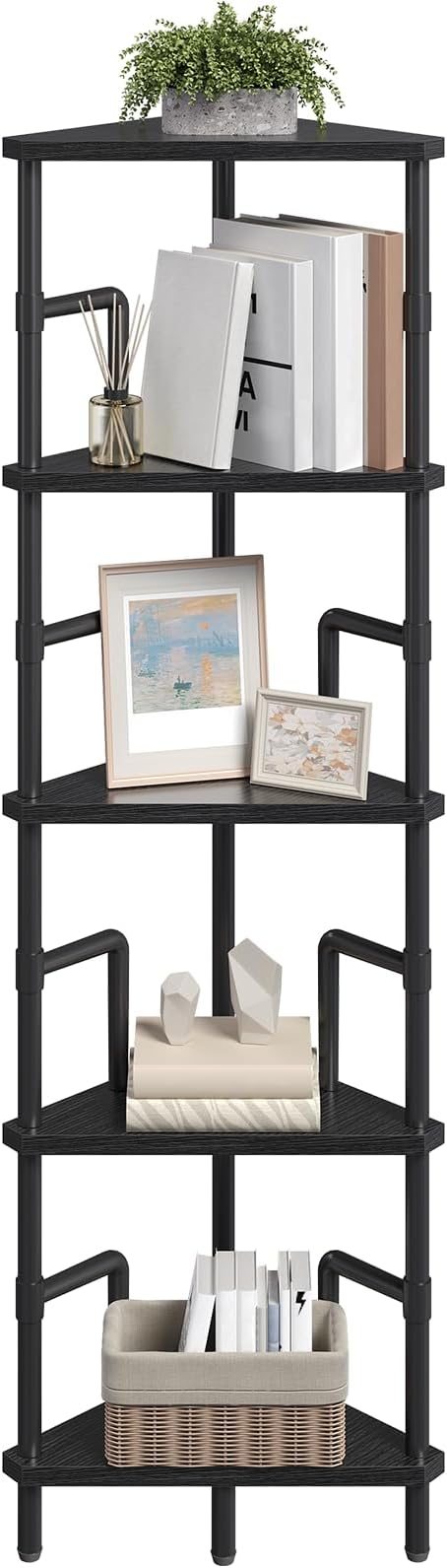 MAHANCRIS 5-Tier Corner Shelf, 52.8" Tall Corner Bookshelf with Metal Frame, Narrow Display Shelf Stand, Industrial Corner Bookcase for Living Room, Bedroom, Home Office, Black CSBK5501