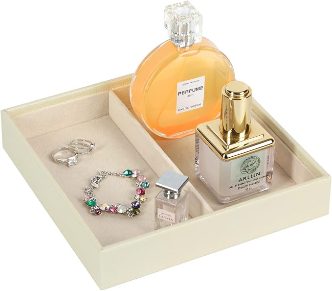 JACKCUBE Design Leather Valet Tray, Catchall Storage Women Vanity Nightstand Tray for Keys, Phones, Jewelry, Makeup, Perfume, Watches (Ivory) - MK1092B