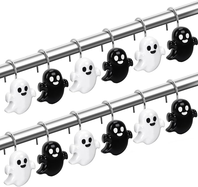 Halloween Shower Curtain Hooks 12 Pcs Ghost Pumpkin Decor Set | Resin Metal Standard Size, Smooth Gliding Rustproof, Bat Skull Spider Cat Designs, Bathroom Festive Home Accents