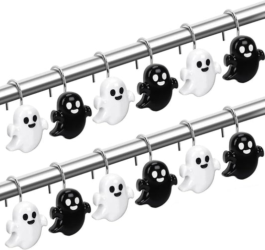 Halloween Shower Curtain Hooks 12 Pcs Ghost Pumpkin Decor Set | Resin Metal Standard Size, Smooth Gliding Rustproof, Bat Skull Spider Cat Designs, Bathroom Festive Home Accents