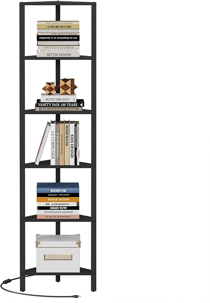 TUTOTAK Corner Shelf with LED Light, 6-Tier Corner Bookshelf | for Small Space, Narrow Display Corner Shelf Stand with Storage Rack, for Living Room, Bedroom, Black BS05BK006L