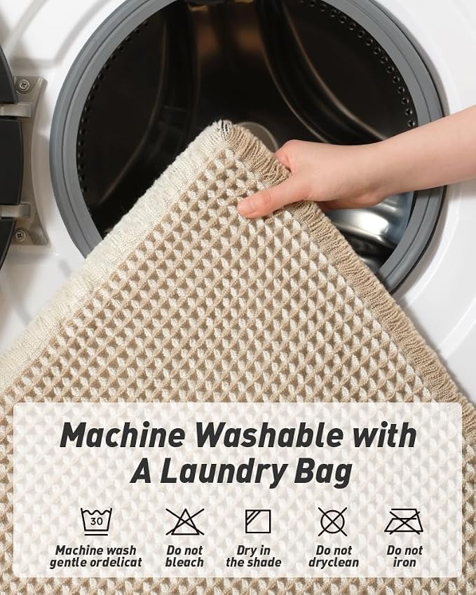 AMOAMI Upgraded Waffle Runner Rug Super Absorbent Non Slip Bath Mats for Bathroom Machine Washable Bathroom Runner Rug with Tassels, Ideal for Hallway Bedroom Laundry Room, 2' x 5', Brown & Cream