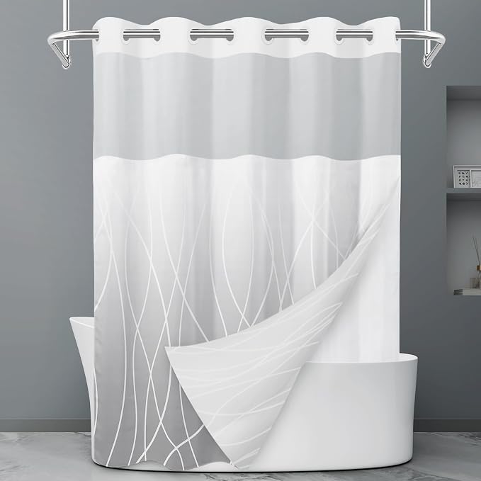 Ombre Light Grey No Hook Shower Curtain with Liner, 71 x 74 Inch | Stripe Pattern,Waterproof,Quick Dry,Mesh Top Window,Bottom Magnets,Hotel Style,Machine Washable,Modern,for Bathroom