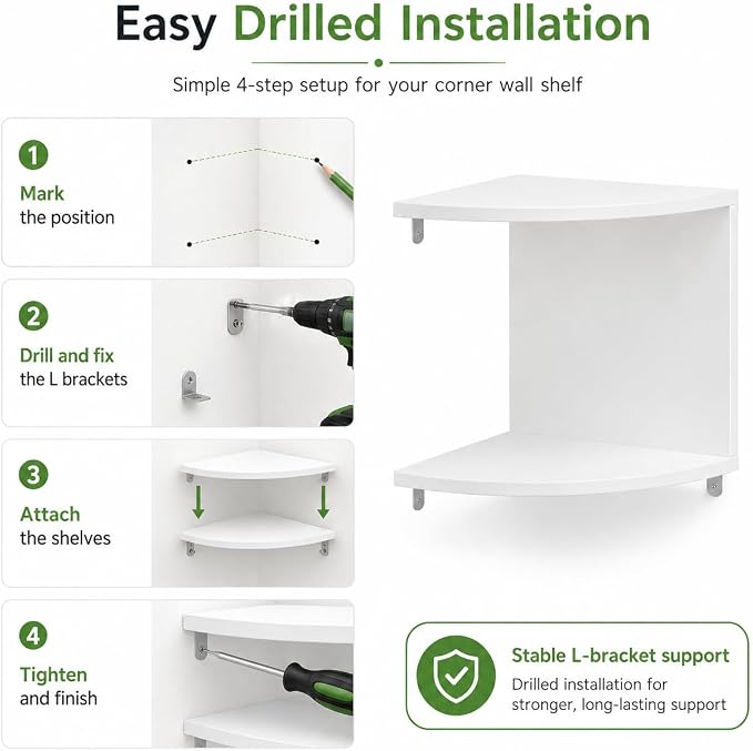 No-Drill Corner Shelf Wall Mount, 2-Tier Thickened 12mm Floating Bookshelf with Hooks, Space-Saving Zigzag Plant Shelf for Bedroom, Living Room, Bathroom, Home Office