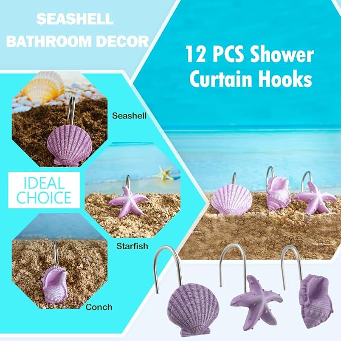 Seashell Shower Curtain Hooks 12pcs Beach Shower Curtain Rings Bath Shower Hooks Rust Proof Curtain Hangers Coastal Bathroom Accessories Decor