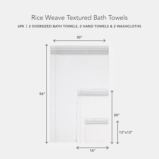 Texere 100% Organic Cotton Rice Weave Jacquard 700 GSM Luxury Bath Towel Sets - 2 Large Bath Towels, 2 Hand Towels, 2 Washcloths (Rice Weave, BRT Wht w/Blk, 6 Piece)