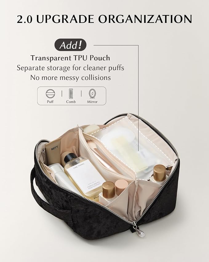 EACHY Velvet Travel Makeup Bag for Women, Flat Open Cosmetic Organizer | Velvet cosmetic organizer with two clear TPU brush pockets and extra storage for makeup, toiletries and travel essentials