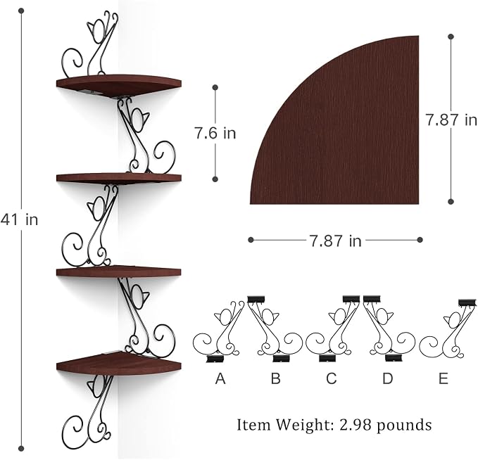 Alsonerbay 4-Tier Cat Shaped Corner Floating Shelf Wall Mount, Walnut | Curved solid wood, 35.2 lbs total capacity, reinforced metal bracket, rustic decor, for bedroom, living room & kitchen