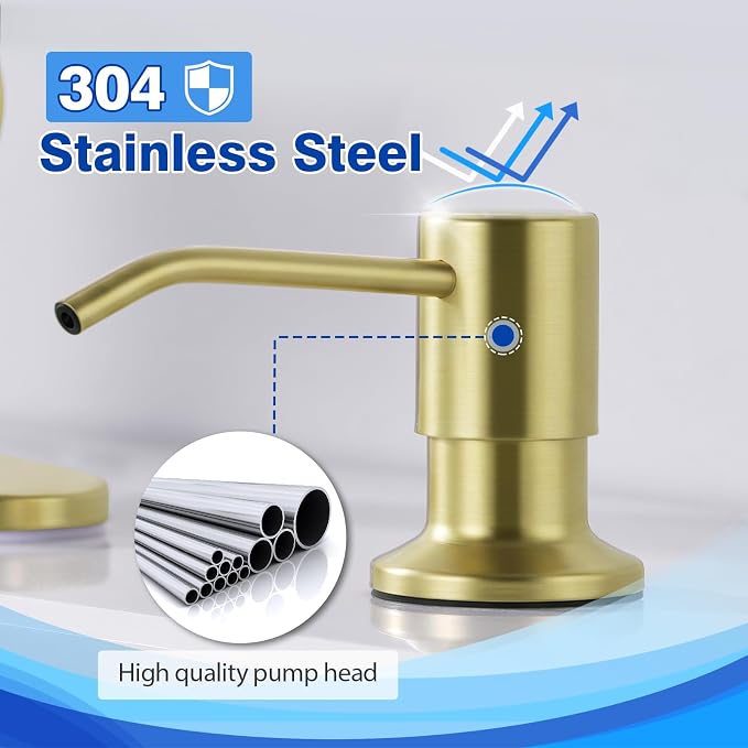 Gold Soap Dispenser for Kitchen Sink WEWE, Stainless Steel | Brushed Gold Soap Dispenser with Long Spout, Gold Soap Pump Built in Countertop Under Sink, Refill from The Top