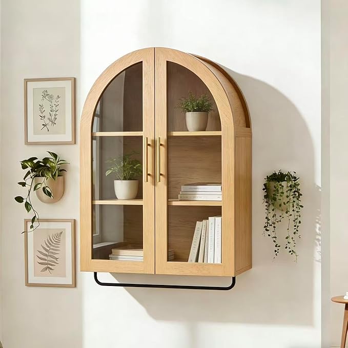 Seang Bathroom Arched Wall Cabinet,23.6" Modern Medicine Cabinet with Towel Bar and Adjustable Shelf,Over The Toilet Wall Storage Cabinet for Laundry Room,Living Room,Kitchen,Natural
