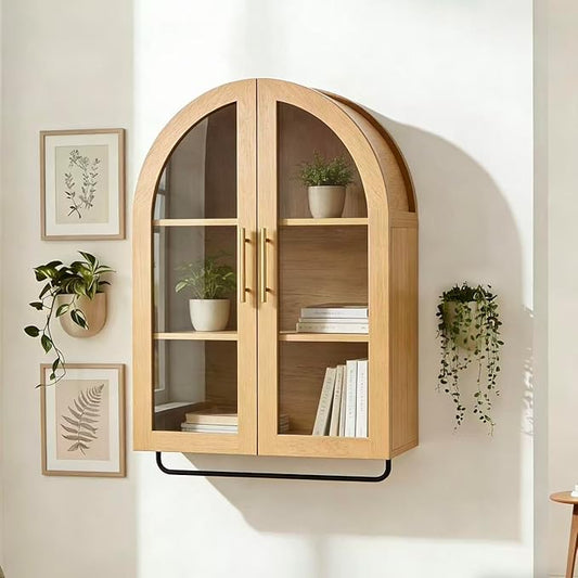 Seang Bathroom Arched Wall Cabinet,23.6" Modern Medicine Cabinet with Towel Bar and Adjustable Shelf,Over The Toilet Wall Storage Cabinet for Laundry Room,Living Room,Kitchen,Natural
