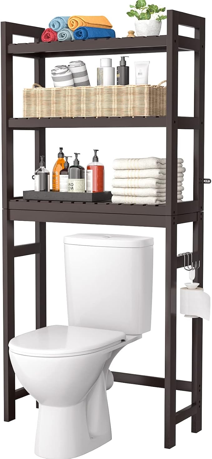 Over The Toilet Storage, Bamboo 3-Tier Over-The-Toilet Space Saver Organizer Rack, Stable Freestanding Above Toilet Stand with 3 Hooks for Bathroom, Restroom, Laundry, Espresso