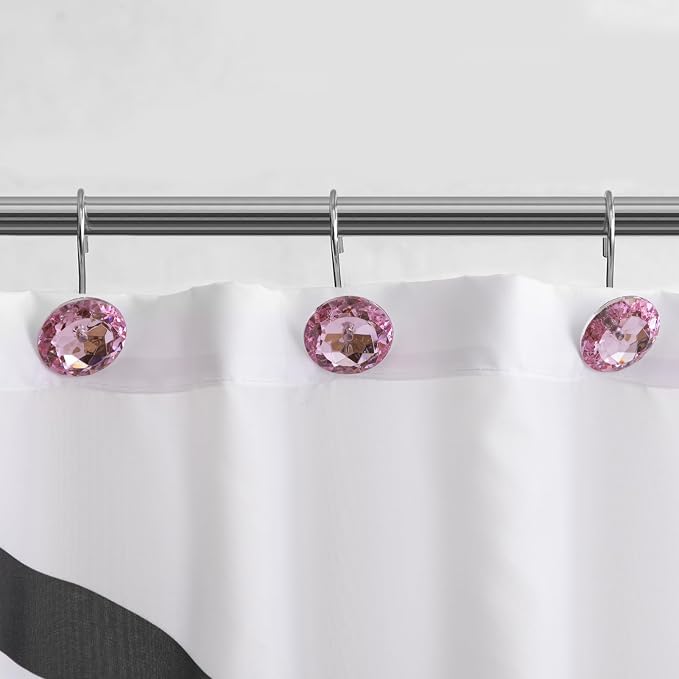 HBlife 12 Pcs Acrylic Decorative Rolling Diamond Shower Curtain Hooks Rust Proof Rhinestones Crystal Bling Shower Curtain Hooks for Curtain and Shower Rod, Pink Round