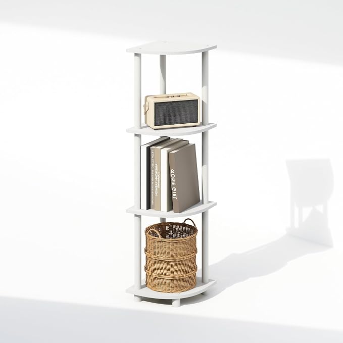 Furinno Turn-N-Tube Corner Shelf, 4-Tier Corner Bookshelf, White | Display Storage Shelves with Open Shelves, for Organization and Storage, Living Room, Home Office, Garage,