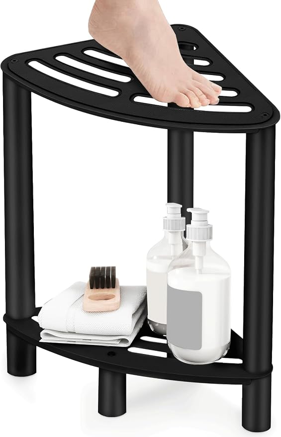 VOTZAAQ Stainless Steel Shower Stool, Double Layer Corner Shower Bench for Inside Shower, Shower Foot Rest for Shaving Legs, Matte Black Shower Seat for Small Bathroom