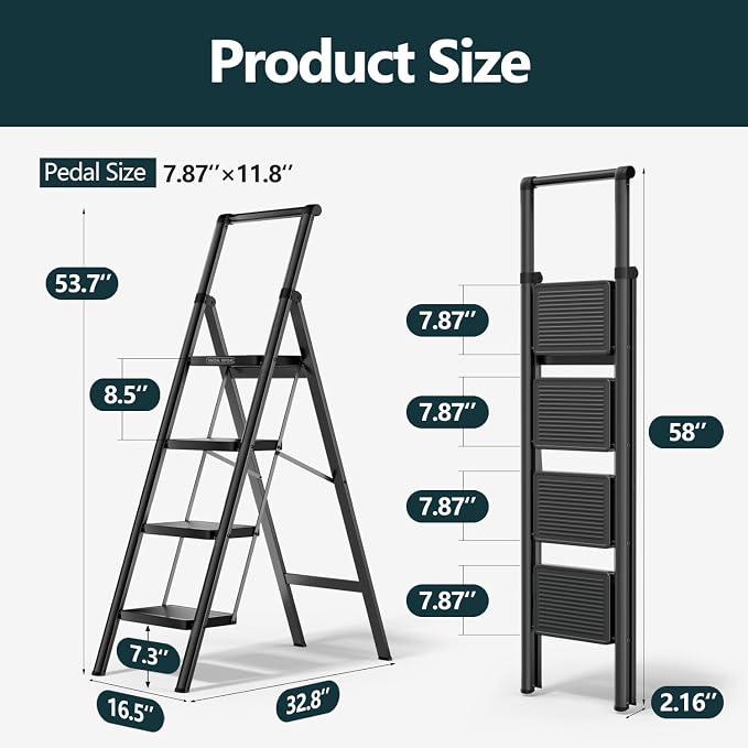 4 Step Foldable Step Stool with Handrail, 330lbs Load, Black | Folded 58'' H x 3'' T; Net 14.8 lbs; Anti-Slip Feet Grip Wood, Tile, Carpet; Wide Pedals; For Shelves, Repairs.