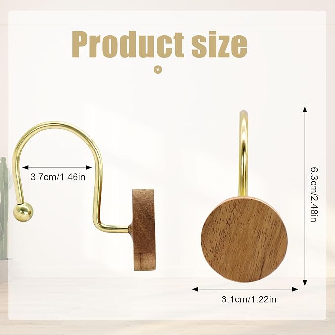 Shower Curtain Hooks, Wood Decorative Shower Curtain Rings, Modern Round Log Shower Curtain Hangers, 12PCS Metal Shower Hooks for Shower Curtain Rod, Bathroom, Bedroom, Living Room (Gold)