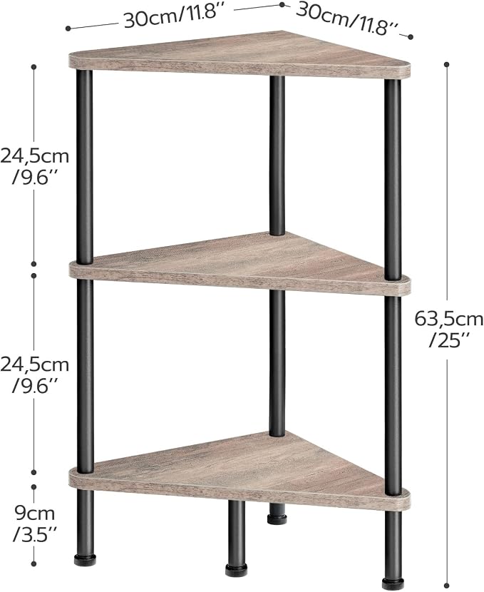 HOOBRO Corner Shelf Stand, Industrial 3-Tier Wall Corner Bookshelf with Metal Frame, Plant Display Shelf, Bookcase for Small Spaces, Living Room, Greige and Black BG30CJ01