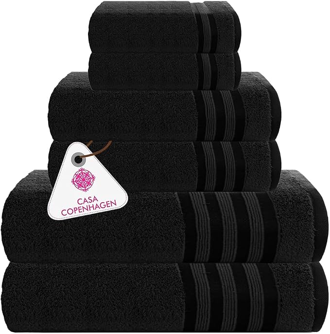 CASA COPENHAGEN 6pcs Bathroom Towel Gift Set, 600GSM, Black | Zero Twist 100% Egyptian cotton,2 Bath Towel , 2 Hand towel , 2 Washcloths Towels. (Gift Set for Women & Men)