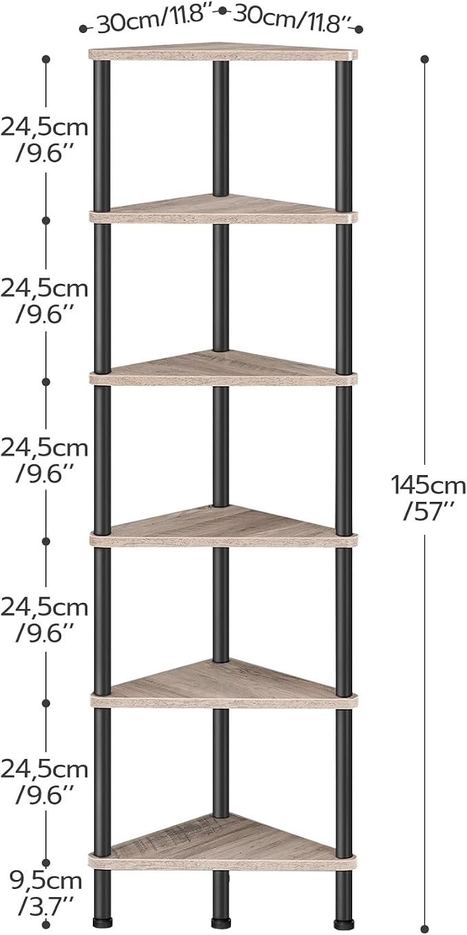 HOOBRO Corner Shelf Stand, Industrial 6-Tier Corner Bookshelf with Metal Frame, Plant Display Shelf, Bookcase for Small Spaces, Living Room, Greige and Black BG36CJ01